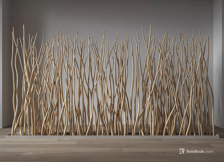 Modern Room Divider With Curved Wooden Sticks Against Gray Wall 3d model 