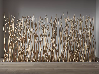 Modern Room Divider With Curved Wooden Sticks Against Gray Wall 3d model