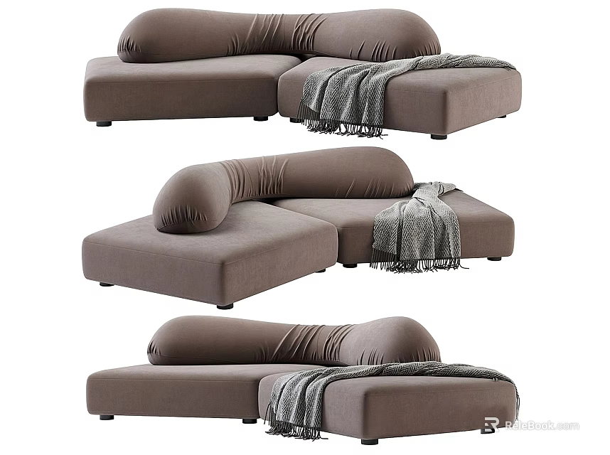 Comfortable Modern Gray Sectional Sofa With Soft Throw Blanket And Plush Cushions Design 3d model