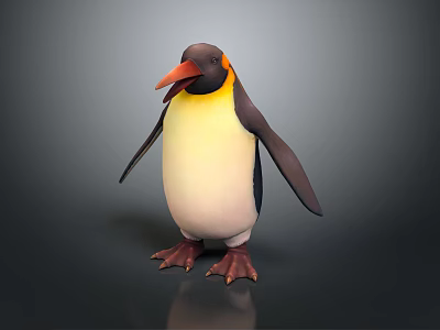 Penguin With Yellow Neck Orange Beak And Black White Body Standing On Dark Surface 3d model