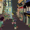 Cartoon Street Scene with Colorful Buildings Balconies Awnings Benches and Street Lamps