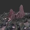 Micro Terrain With Red Rock Formations Surrounded By Green Trees And Pathways 3d model