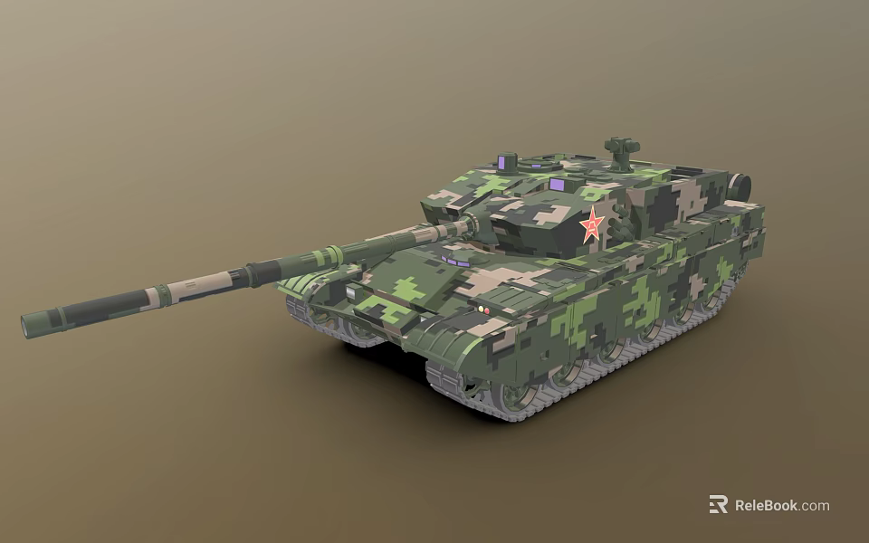 Modern Military Tank with Camouflage Paint Long Gun Barrel Metal Tracks and Red Star Emblem 3d model 