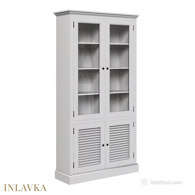 White Tall Storage Cabinet With Glass Doors And Louvered Design For Modern Home 3d model 