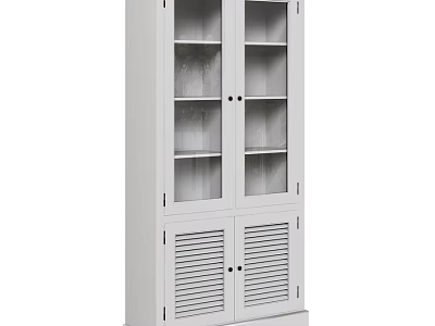 White Tall Storage Cabinet With Glass Doors And Louvered Design For Modern Home 3d model