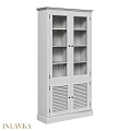 White Tall Storage Cabinet With Glass Doors And Louvered Design For Modern Home