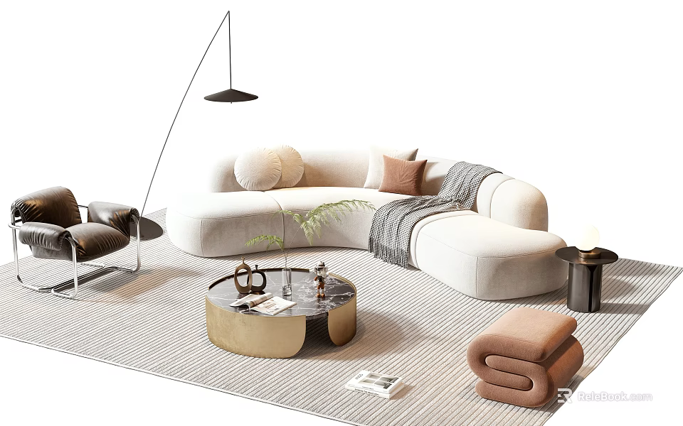 Modern Curved Sofa Coffee Table Set With Beige Upholstery Round Coffee Table And Decorative Pillows 3d model 
