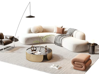 Modern Curved Sofa Coffee Table Set With Beige Upholstery Round Coffee Table And Decorative Pillows 3d model
