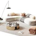Modern Curved Sofa Coffee Table Set With Beige Upholstery Round Coffee Table And Decorative Pillows