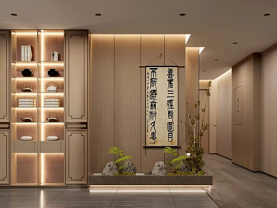 Modern Shop Front Desk with Wooden Wall LED Shelves Bowls Plates Chinese Calligraphy Rock Plant Decor 3d model