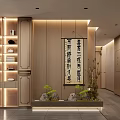 Modern Shop Front Desk with Wooden Wall LED Shelves Bowls Plates Chinese Calligraphy Rock Plant Decor