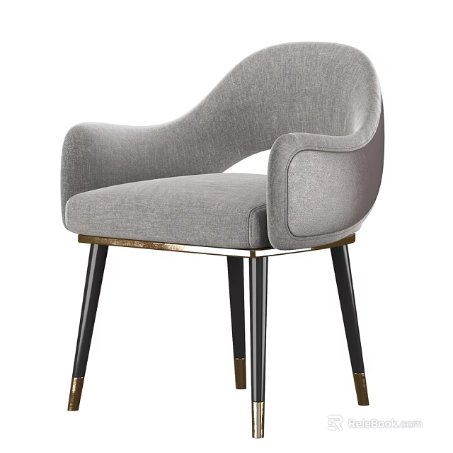 Gray Upholstered Dining Chair With Armrests Black Legs And Gold Accents Modern Design 3d model 