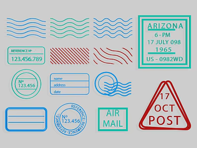 Vintage Retro Wall Decor Featuring Stamps Postmarks Labels And Geometric Patterns 3d model