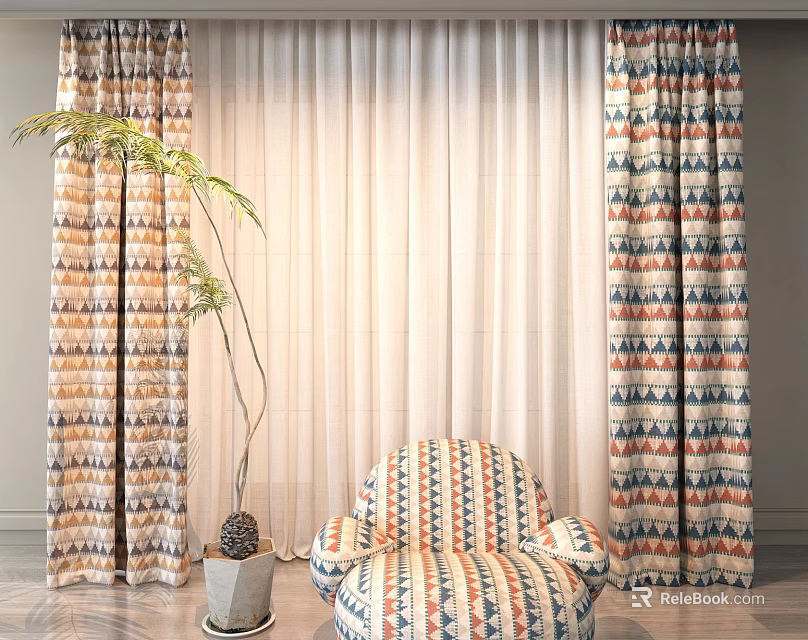 Geometric Patterned Curtains With Sheer Panels Matching Armchair And Potted Plant In Living Room 3d model 