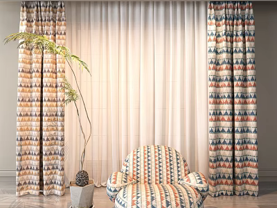Geometric Patterned Curtains With Sheer Panels Matching Armchair And Potted Plant In Living Room 3d model