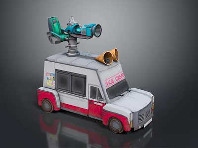 White and Red Ice Cream Truck Exterior With Green Mixer and Yellow Speakers on Top 3d model
