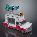 White and Red Ice Cream Truck Exterior With Green Mixer and Yellow Speakers on Top