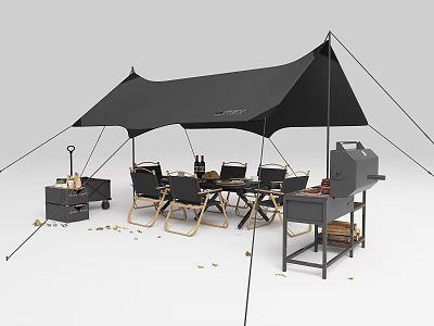 Outdoor Table And Chairs Set Under Black Canopy With Grill And Wooden Crate 3d model