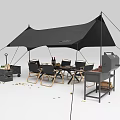 Outdoor Table And Chairs Set Under Black Canopy With Grill And Wooden Crate