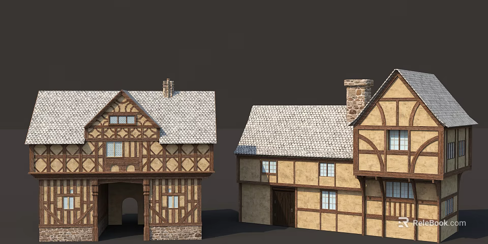Traditional Timber Framed Detached House With White Tiled Roof Beige Walls And Chimney 3d model 