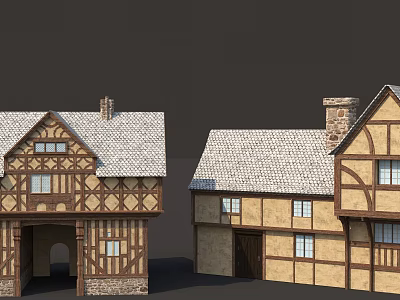 Traditional Timber Framed Detached House With White Tiled Roof Beige Walls And Chimney 3d model
