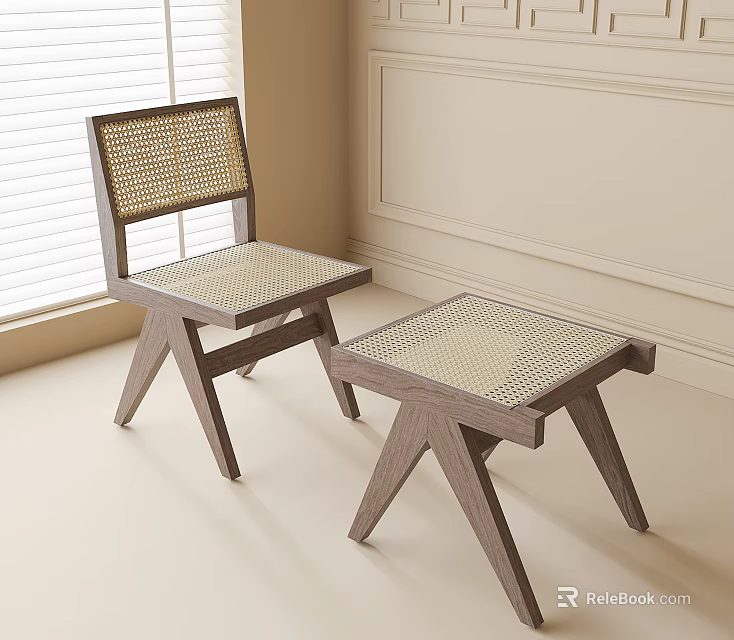 Modern Rattan Wooden Chairs In Minimalist Indoor Room With Window And Light Wall 3d model 