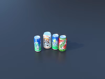 Four Different Colored Canned Beverages With Blue White Tiger Design And Green Cans 3d model