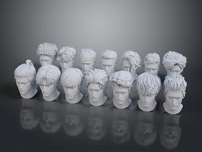 White Character Head Models With Various Hairstyles Arranged On Reflective Surface 3d model