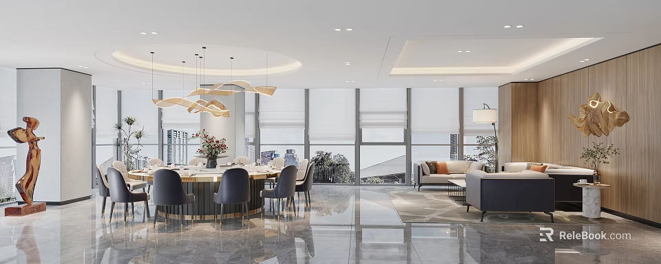 Elegant Modern Private Room Interior With Large Windows Dining Table And Sofa Area 3d model