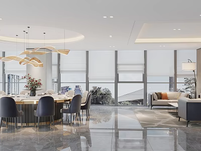 Elegant Modern Private Room Interior With Large Windows Dining Table And Sofa Area 3d model