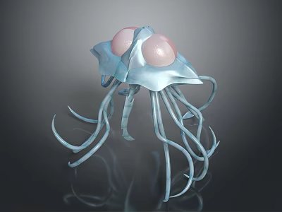 Glowing Transparent Jellyfish With Pink Body Blue Tentacles And Shiny Surface 3d model