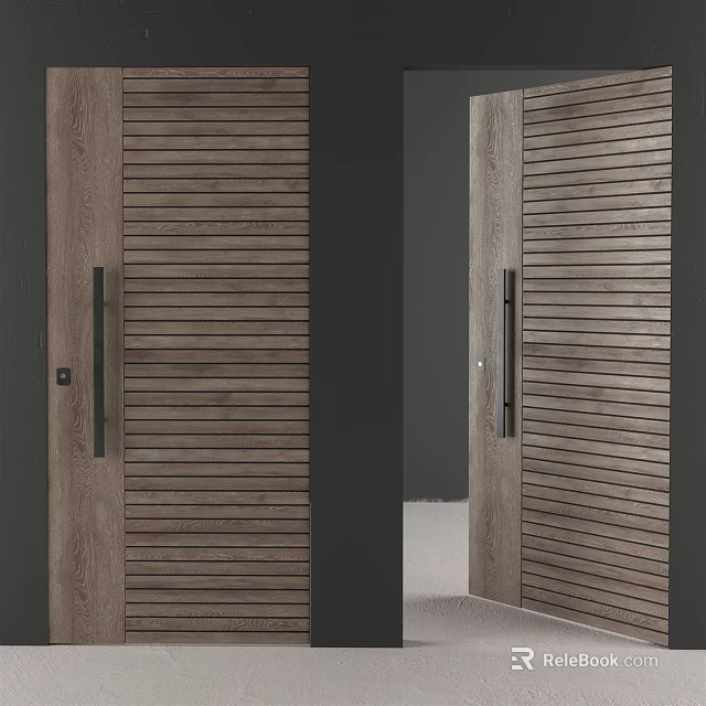 Modern Wooden Swing Door With Vertical Slats Light Wood Finish And Dark Frame 3d model 