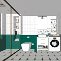 Modern Bathroom Interior With White Tiles Green Walls Toilet Shower Open Shelves And Washing Machine