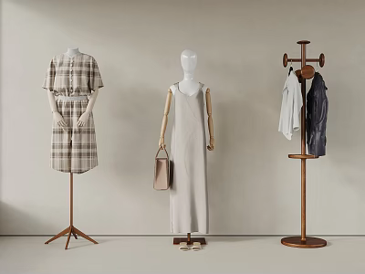 Minimalist Clothes Hangers With Mannequins Plaid Beige Dresses Handbag And Hanging Tops 3d model