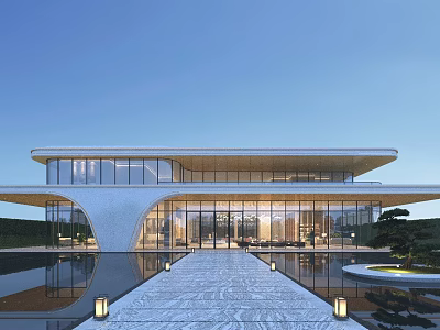 Modern Architectural Building With Large Glass Facade Reflective Pool And Stone Pathway 3d model