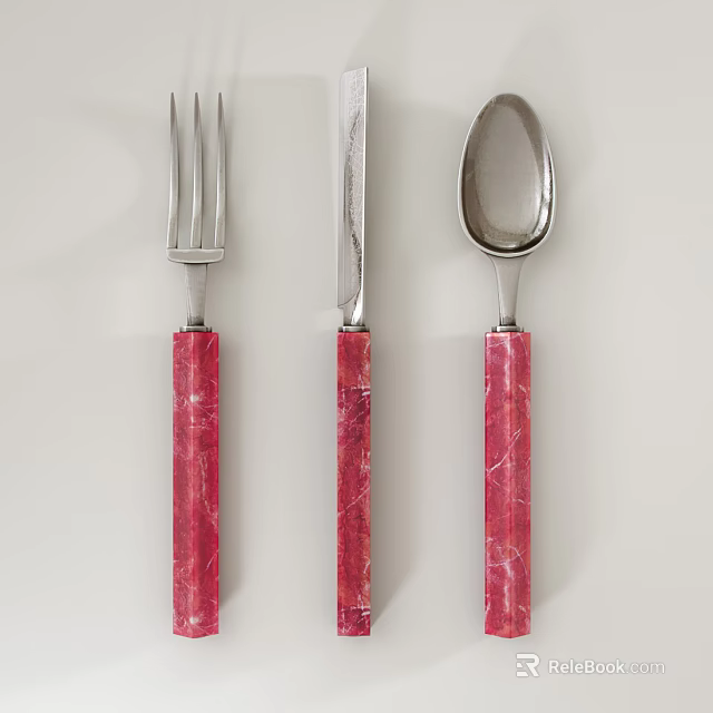 Red Marble Pattern Handle Cutlery Set With Fork Knife And Spoon 3d model 