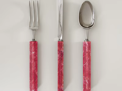 Red Marble Pattern Handle Cutlery Set With Fork Knife And Spoon 3d model