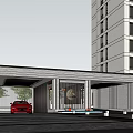 Modern Entrance Gate Between High Rise Buildings With Glass Facade Steps Red Car And Pedestrian