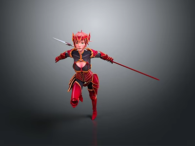 Woman in Red and Black Armor Running With Red Headpiece Holding Red Spear 3d model