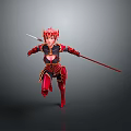 Woman in Red and Black Armor Running With Red Headpiece Holding Red Spear