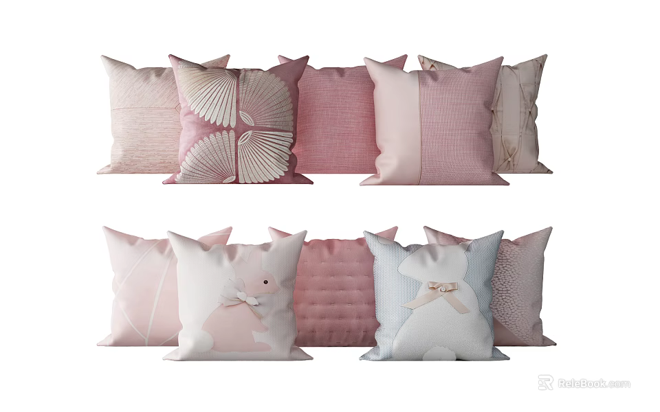 Cute Decorative Pillows With Pink Blue Rabbit Leaf And Striped Patterns 3d model 