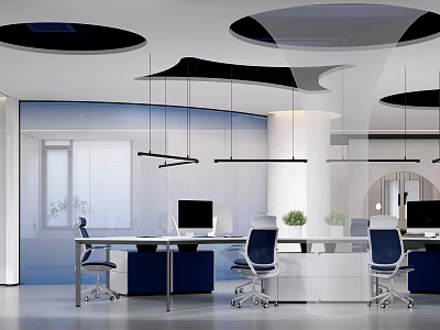 Modern Public Office Space Interior With Workstations Computers Pendant Lights And Green Plants 3d model