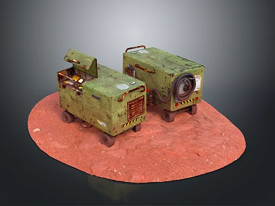 Two Green Military Equipment Boxes With Open Lid And Wheels On Red Ground 3d model