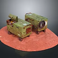 Two Green Military Equipment Boxes With Open Lid And Wheels On Red Ground