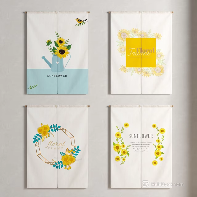 Sunflower Themed Kitchen Curtains With Light Blue Yellow Floral Design And September Lettering 3d model 
