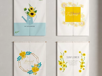 Sunflower Themed Kitchen Curtains With Light Blue Yellow Floral Design And September Lettering 3d model