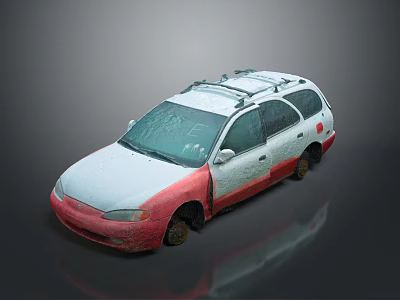 Red and White Station Wagon with Roof Rack Rain Droplets and Dirty Wheels 3d model