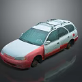 Red and White Station Wagon with Roof Rack Rain Droplets and Dirty Wheels