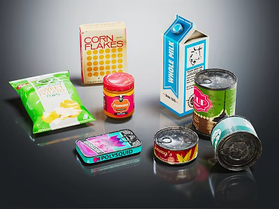 Assorted Packaged Food Items With Corn Flakes Milk Carton Snack Bags And Cans 3d model