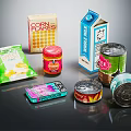 Assorted Packaged Food Items With Corn Flakes Milk Carton Snack Bags And Cans